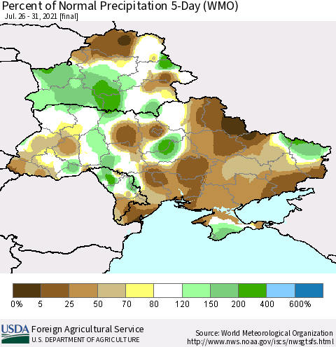 Ukraine, Moldova and Belarus Percent of Normal Precipitation 5-Day (WMO) Thematic Map For 7/26/2021 - 7/31/2021