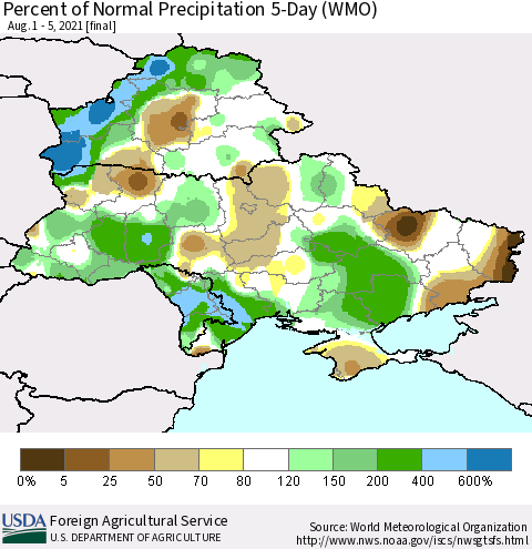Ukraine, Moldova and Belarus Percent of Normal Precipitation 5-Day (WMO) Thematic Map For 8/1/2021 - 8/5/2021
