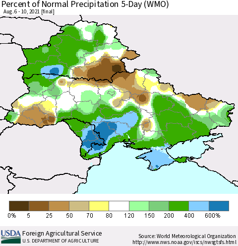 Ukraine, Moldova and Belarus Percent of Normal Precipitation 5-Day (WMO) Thematic Map For 8/6/2021 - 8/10/2021