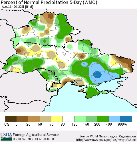 Ukraine, Moldova and Belarus Percent of Normal Precipitation 5-Day (WMO) Thematic Map For 8/16/2021 - 8/20/2021