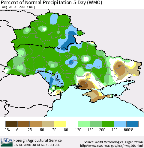 Ukraine, Moldova and Belarus Percent of Normal Precipitation 5-Day (WMO) Thematic Map For 8/26/2021 - 8/31/2021