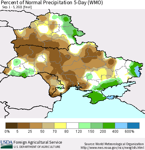 Ukraine, Moldova and Belarus Percent of Normal Precipitation 5-Day (WMO) Thematic Map For 9/1/2021 - 9/5/2021