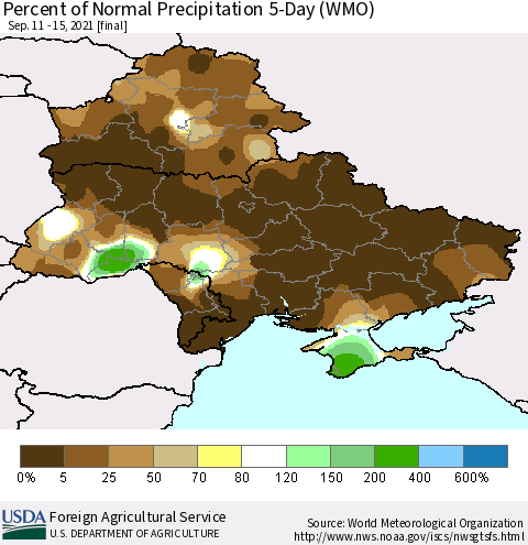 Ukraine, Moldova and Belarus Percent of Normal Precipitation 5-Day (WMO) Thematic Map For 9/11/2021 - 9/15/2021