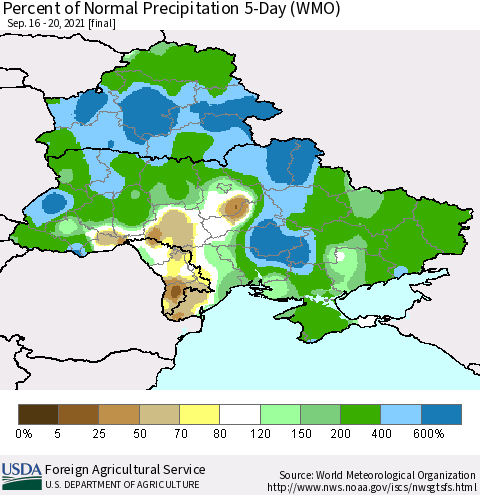 Ukraine, Moldova and Belarus Percent of Normal Precipitation 5-Day (WMO) Thematic Map For 9/16/2021 - 9/20/2021