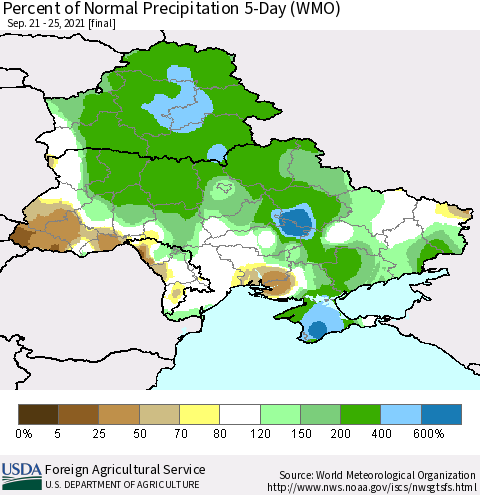 Ukraine, Moldova and Belarus Percent of Normal Precipitation 5-Day (WMO) Thematic Map For 9/21/2021 - 9/25/2021