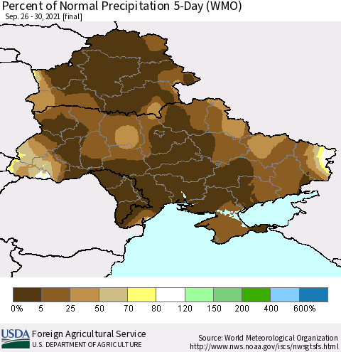 Ukraine, Moldova and Belarus Percent of Normal Precipitation 5-Day (WMO) Thematic Map For 9/26/2021 - 9/30/2021