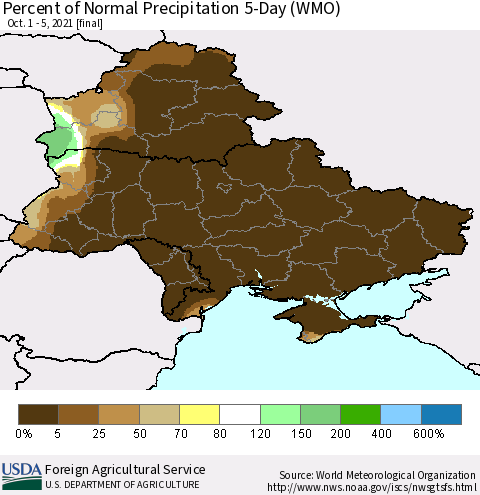 Ukraine, Moldova and Belarus Percent of Normal Precipitation 5-Day (WMO) Thematic Map For 10/1/2021 - 10/5/2021