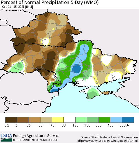Ukraine, Moldova and Belarus Percent of Normal Precipitation 5-Day (WMO) Thematic Map For 10/11/2021 - 10/15/2021