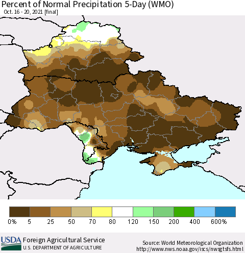 Ukraine, Moldova and Belarus Percent of Normal Precipitation 5-Day (WMO) Thematic Map For 10/16/2021 - 10/20/2021