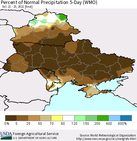 Ukraine, Moldova and Belarus Percent of Normal Precipitation 5-Day (WMO) Thematic Map For 10/21/2021 - 10/25/2021