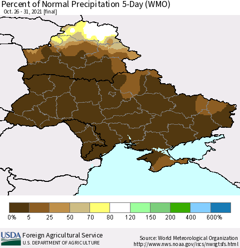 Ukraine, Moldova and Belarus Percent of Normal Precipitation 5-Day (WMO) Thematic Map For 10/26/2021 - 10/31/2021
