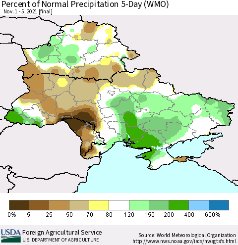 Ukraine, Moldova and Belarus Percent of Normal Precipitation 5-Day (WMO) Thematic Map For 11/1/2021 - 11/5/2021