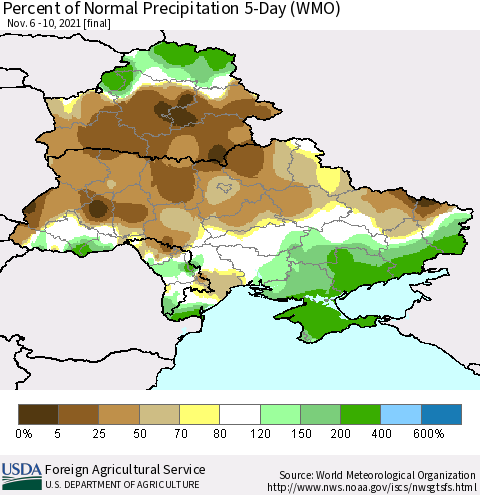 Ukraine, Moldova and Belarus Percent of Normal Precipitation 5-Day (WMO) Thematic Map For 11/6/2021 - 11/10/2021