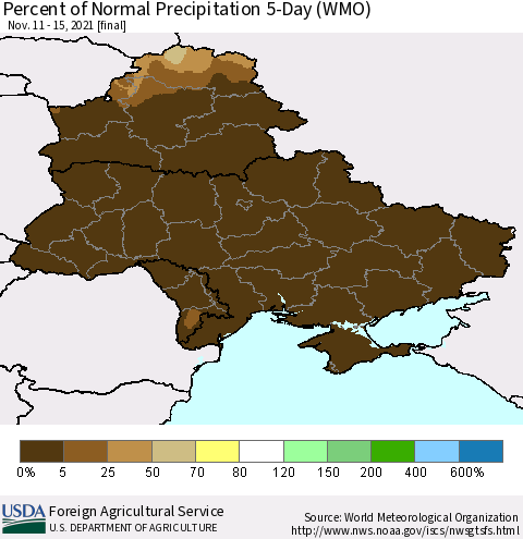 Ukraine, Moldova and Belarus Percent of Normal Precipitation 5-Day (WMO) Thematic Map For 11/11/2021 - 11/15/2021
