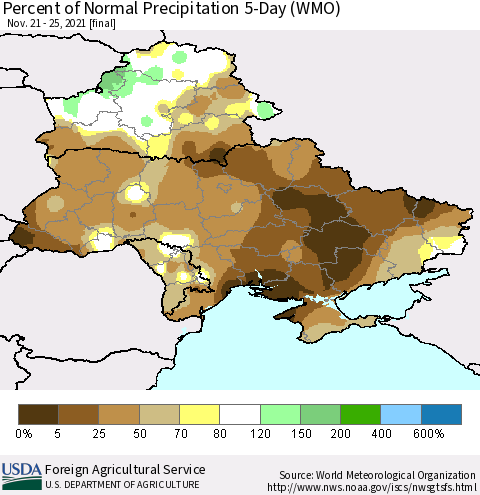 Ukraine, Moldova and Belarus Percent of Normal Precipitation 5-Day (WMO) Thematic Map For 11/21/2021 - 11/25/2021