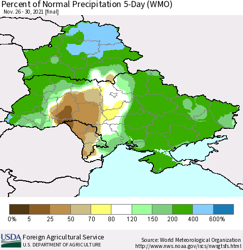 Ukraine, Moldova and Belarus Percent of Normal Precipitation 5-Day (WMO) Thematic Map For 11/26/2021 - 11/30/2021