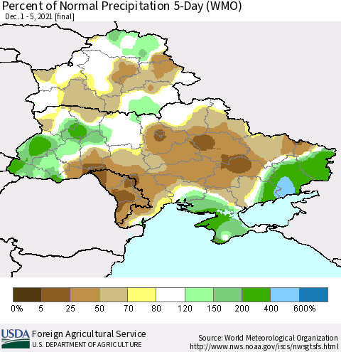 Ukraine, Moldova and Belarus Percent of Normal Precipitation 5-Day (WMO) Thematic Map For 12/1/2021 - 12/5/2021