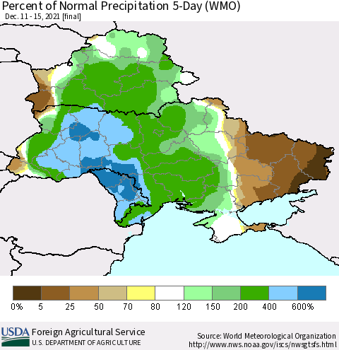 Ukraine, Moldova and Belarus Percent of Normal Precipitation 5-Day (WMO) Thematic Map For 12/11/2021 - 12/15/2021