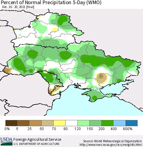 Ukraine, Moldova and Belarus Percent of Normal Precipitation 5-Day (WMO) Thematic Map For 12/16/2021 - 12/20/2021