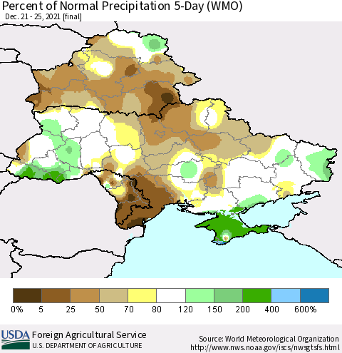 Ukraine, Moldova and Belarus Percent of Normal Precipitation 5-Day (WMO) Thematic Map For 12/21/2021 - 12/25/2021