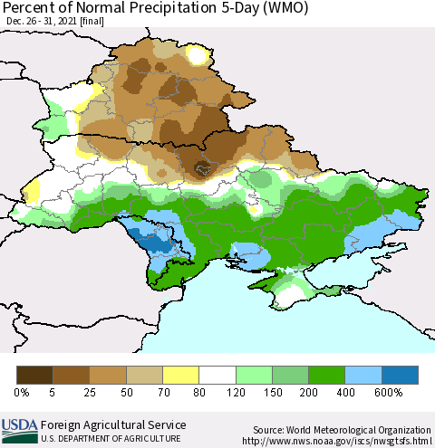Ukraine, Moldova and Belarus Percent of Normal Precipitation 5-Day (WMO) Thematic Map For 12/26/2021 - 12/31/2021