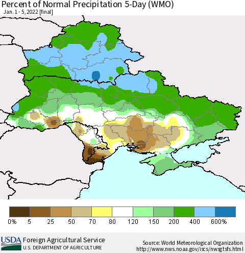 Ukraine, Moldova and Belarus Percent of Normal Precipitation 5-Day (WMO) Thematic Map For 1/1/2022 - 1/5/2022