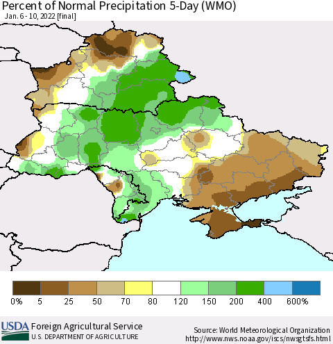 Ukraine, Moldova and Belarus Percent of Normal Precipitation 5-Day (WMO) Thematic Map For 1/6/2022 - 1/10/2022