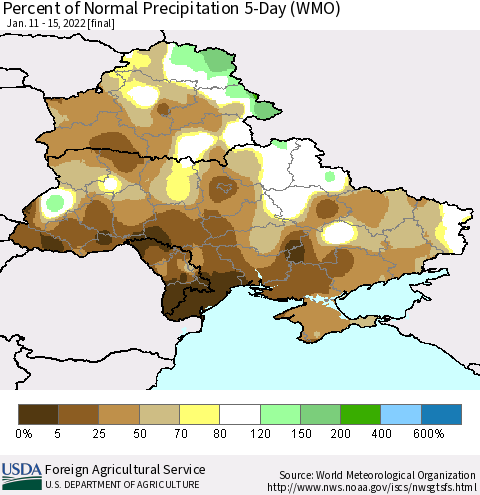 Ukraine, Moldova and Belarus Percent of Normal Precipitation 5-Day (WMO) Thematic Map For 1/11/2022 - 1/15/2022