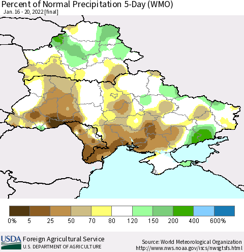 Ukraine, Moldova and Belarus Percent of Normal Precipitation 5-Day (WMO) Thematic Map For 1/16/2022 - 1/20/2022