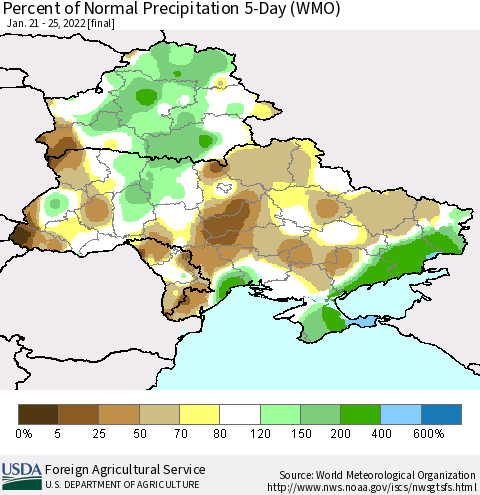 Ukraine, Moldova and Belarus Percent of Normal Precipitation 5-Day (WMO) Thematic Map For 1/21/2022 - 1/25/2022