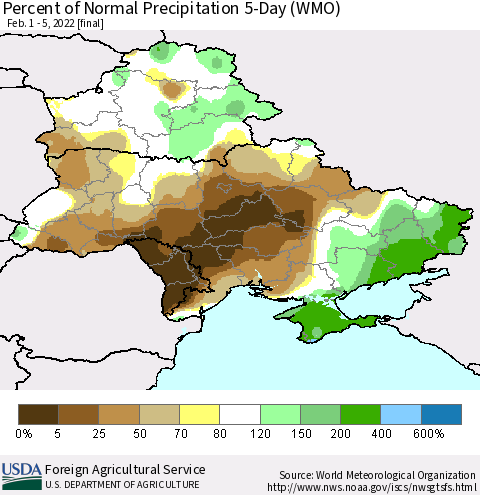Ukraine, Moldova and Belarus Percent of Normal Precipitation 5-Day (WMO) Thematic Map For 2/1/2022 - 2/5/2022