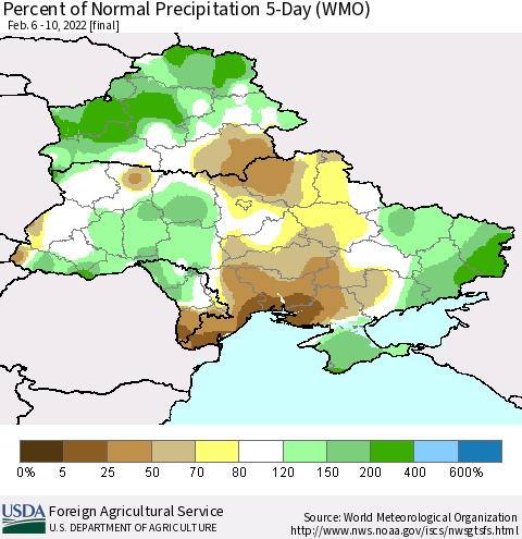 Ukraine, Moldova and Belarus Percent of Normal Precipitation 5-Day (WMO) Thematic Map For 2/6/2022 - 2/10/2022