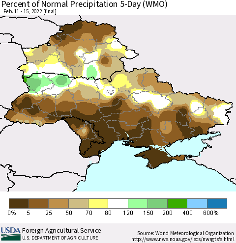 Ukraine, Moldova and Belarus Percent of Normal Precipitation 5-Day (WMO) Thematic Map For 2/11/2022 - 2/15/2022