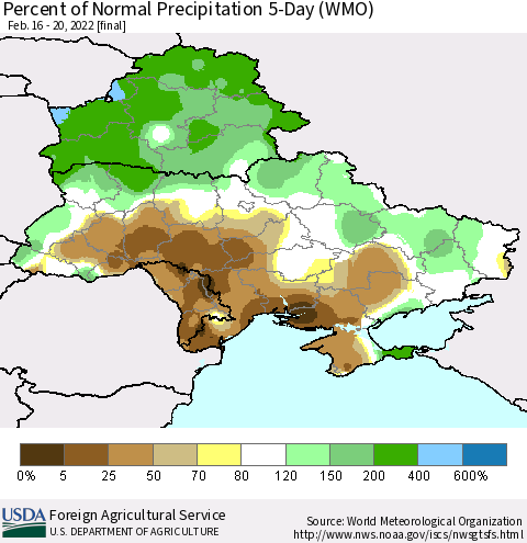 Ukraine, Moldova and Belarus Percent of Normal Precipitation 5-Day (WMO) Thematic Map For 2/16/2022 - 2/20/2022
