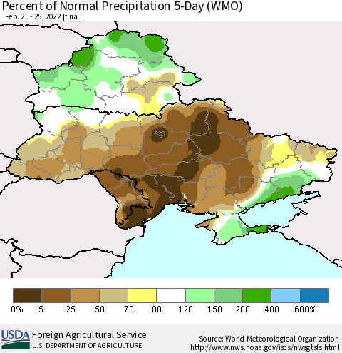 Ukraine, Moldova and Belarus Percent of Normal Precipitation 5-Day (WMO) Thematic Map For 2/21/2022 - 2/25/2022