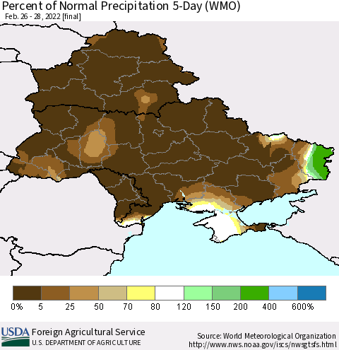 Ukraine, Moldova and Belarus Percent of Normal Precipitation 5-Day (WMO) Thematic Map For 2/26/2022 - 2/28/2022