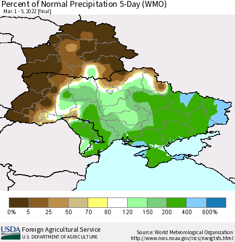 Ukraine, Moldova and Belarus Percent of Normal Precipitation 5-Day (WMO) Thematic Map For 3/1/2022 - 3/5/2022