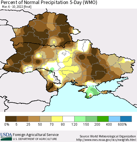 Ukraine, Moldova and Belarus Percent of Normal Precipitation 5-Day (WMO) Thematic Map For 3/6/2022 - 3/10/2022