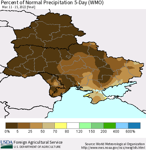 Ukraine, Moldova and Belarus Percent of Normal Precipitation 5-Day (WMO) Thematic Map For 3/11/2022 - 3/15/2022