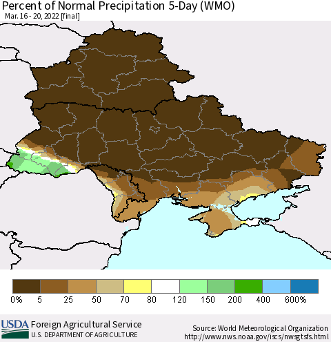 Ukraine, Moldova and Belarus Percent of Normal Precipitation 5-Day (WMO) Thematic Map For 3/16/2022 - 3/20/2022