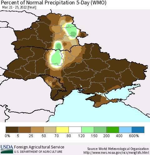 Ukraine, Moldova and Belarus Percent of Normal Precipitation 5-Day (WMO) Thematic Map For 3/21/2022 - 3/25/2022