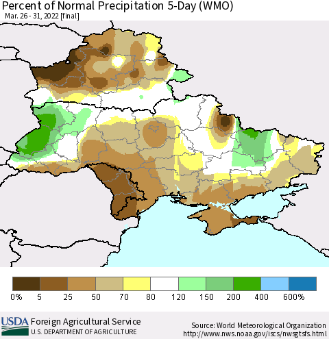 Ukraine, Moldova and Belarus Percent of Normal Precipitation 5-Day (WMO) Thematic Map For 3/26/2022 - 3/31/2022