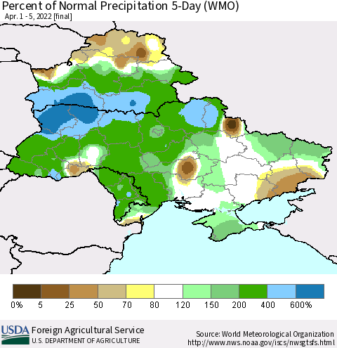Ukraine, Moldova and Belarus Percent of Normal Precipitation 5-Day (WMO) Thematic Map For 4/1/2022 - 4/5/2022