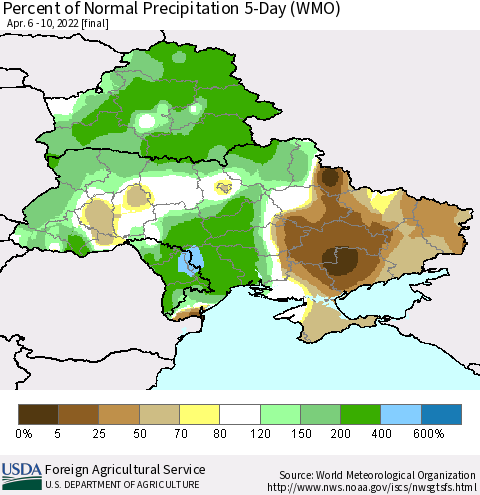 Ukraine, Moldova and Belarus Percent of Normal Precipitation 5-Day (WMO) Thematic Map For 4/6/2022 - 4/10/2022