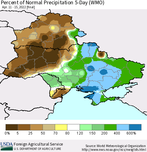 Ukraine, Moldova and Belarus Percent of Normal Precipitation 5-Day (WMO) Thematic Map For 4/11/2022 - 4/15/2022