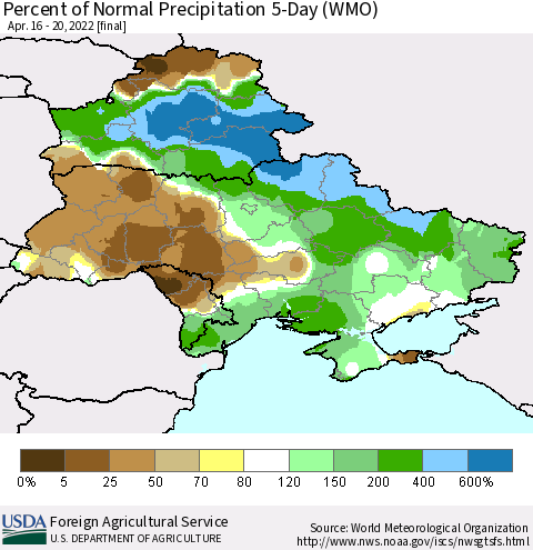 Ukraine, Moldova and Belarus Percent of Normal Precipitation 5-Day (WMO) Thematic Map For 4/16/2022 - 4/20/2022