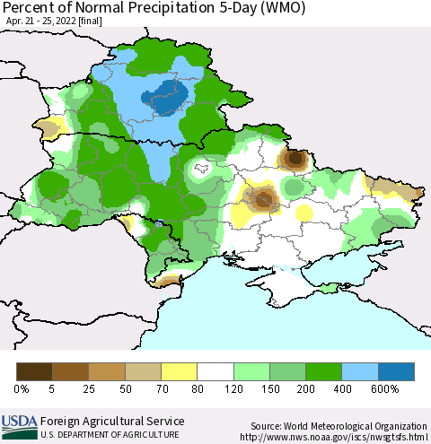 Ukraine, Moldova and Belarus Percent of Normal Precipitation 5-Day (WMO) Thematic Map For 4/21/2022 - 4/25/2022