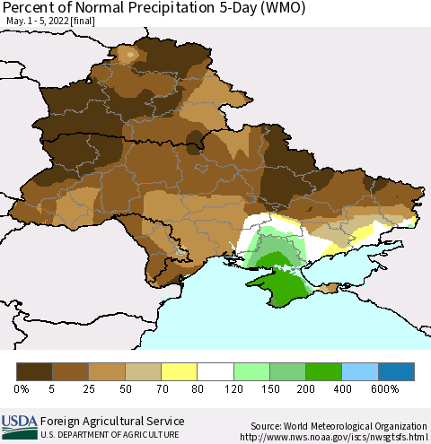 Ukraine, Moldova and Belarus Percent of Normal Precipitation 5-Day (WMO) Thematic Map For 5/1/2022 - 5/5/2022