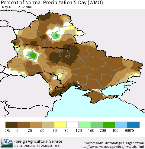 Ukraine, Moldova and Belarus Percent of Normal Precipitation 5-Day (WMO) Thematic Map For 5/6/2022 - 5/10/2022