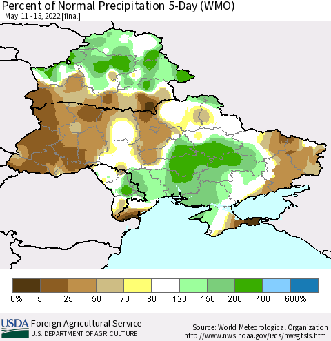 Ukraine, Moldova and Belarus Percent of Normal Precipitation 5-Day (WMO) Thematic Map For 5/11/2022 - 5/15/2022